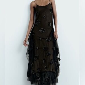 ZARA Black Brown sequin tulle knit Long Midi dress size